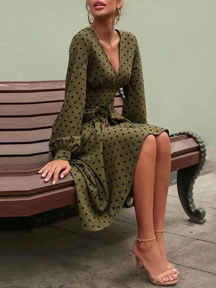 Polka Dot Print Long Sleeve V-neck Knotted Dress