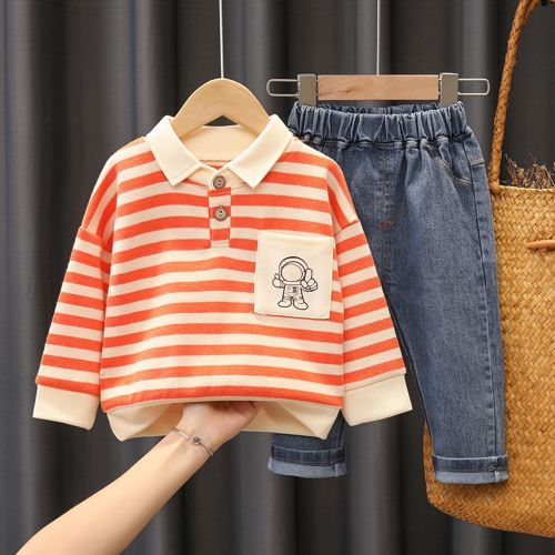Boy's Striped Sweater Baby Astronaut Jeans Long-sleeve Two-piece Suit Red