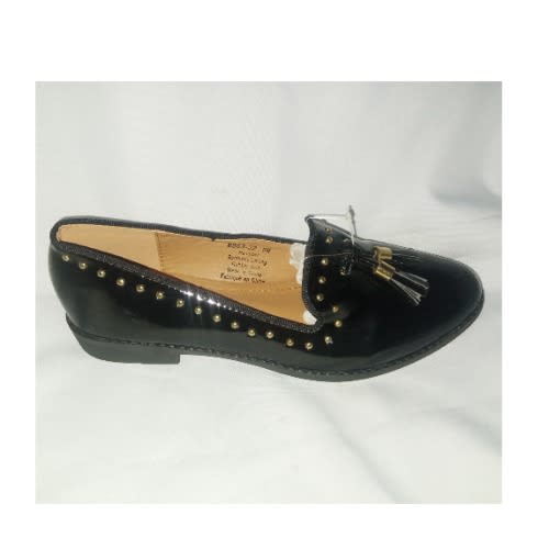 Patent Leather Edge Studded Flat Loafers - Black