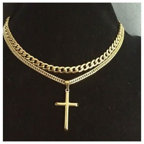 Cuban Chain With Cross Pendant - Gold