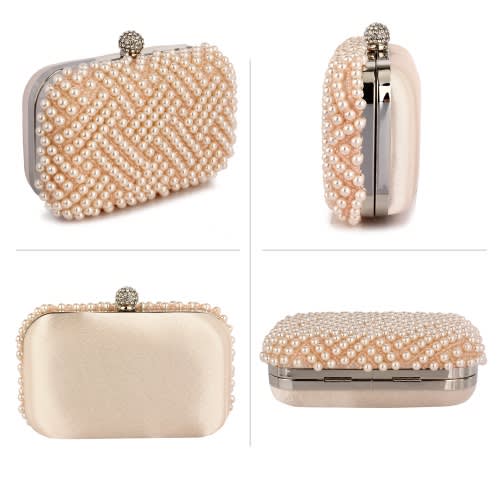 Beaded Rhinestone Clutch Bag - Champagne