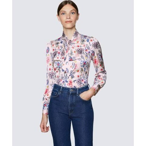 Women's Floral Print Pussy Bow Blouse - Pink & Red