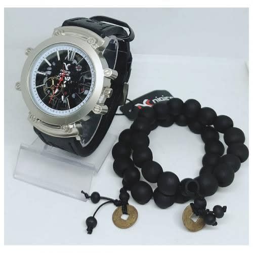Men Black Leather Wristwatch + Bracelets 22