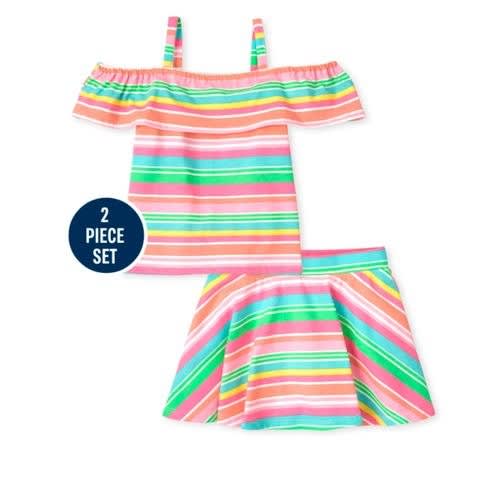 Girls Toddler Rainbow Striped Frills Cold Shoulder Top And Skirt- 2in 1 Set