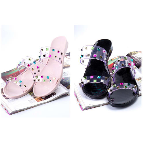 2 in 1 Women's Studded Jelly Slippers - Nude & Black