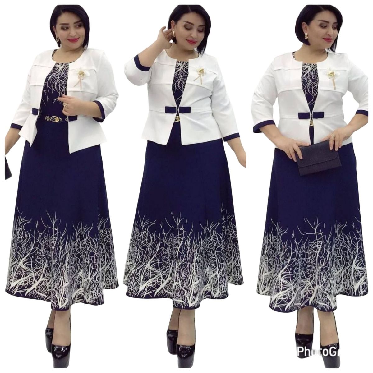 3/4 Length Long Dress With 3/4 Sleeve Blazer-Blue/White