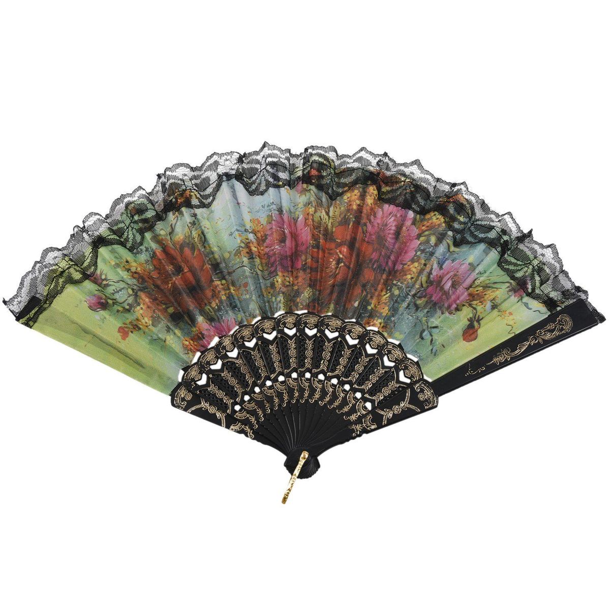 Lady flower Print Chinese Japanese Foldable Hand Fan Black