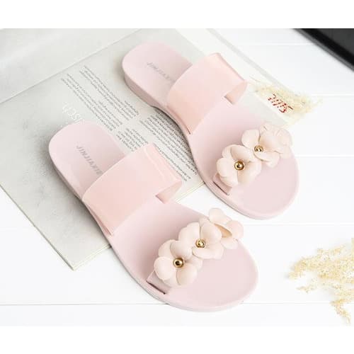 Ladies Tri-Petal Rose Jelly Slippers - Nude