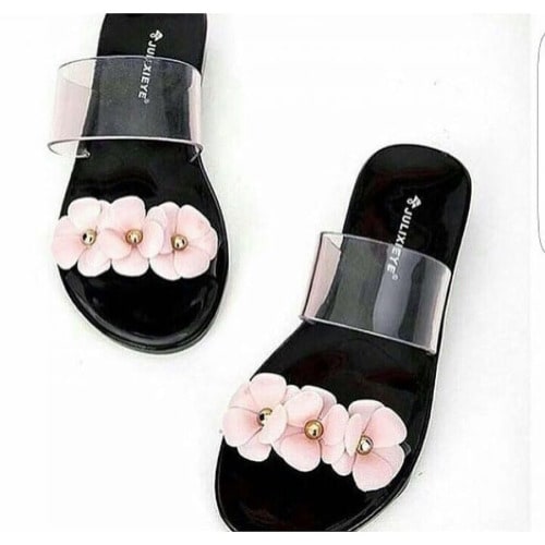 Ladies Tri-Petal Rose Jelly Slippers - Black