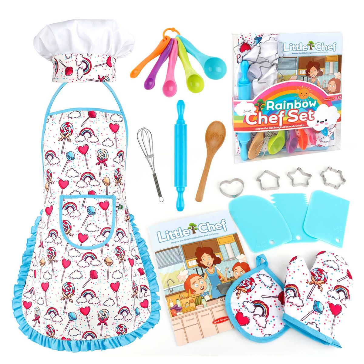 Kitchen Set Pretend Play Toys Cooking Baking Set Apron Chef Hat Potholder Mitten Scraper Rolling Pin Spoon Whisk Cookie Cutter Measuring Spoons Recipe for Kids
