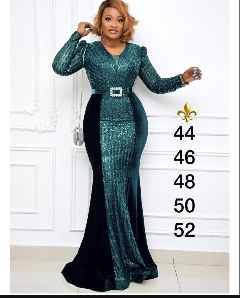 Turkey Velvet/Sequence Belted Evening/dinner Dress-GREEN