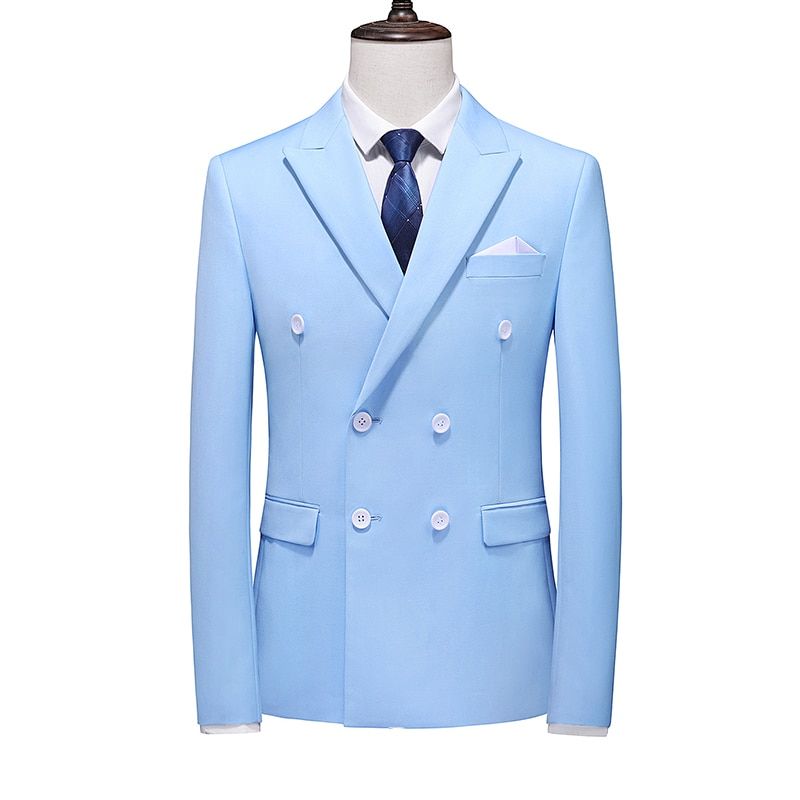 Mens Double Breasted B Solid Business Formal Wedding Slim Fit-sky Blue