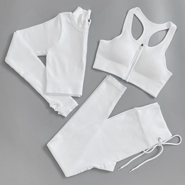 2/3/5PC Women's Tracksuit Seamless Yoga Set Workout Sportswear Gym Clothing Drawstring High Waist  Leggings Fitness Sports Suits(#3pcs SetWhite)