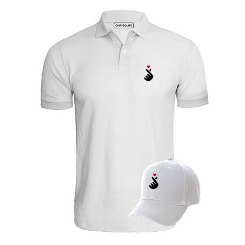 Korean Single Snap Love Hand Polo & Cap Bundle - White