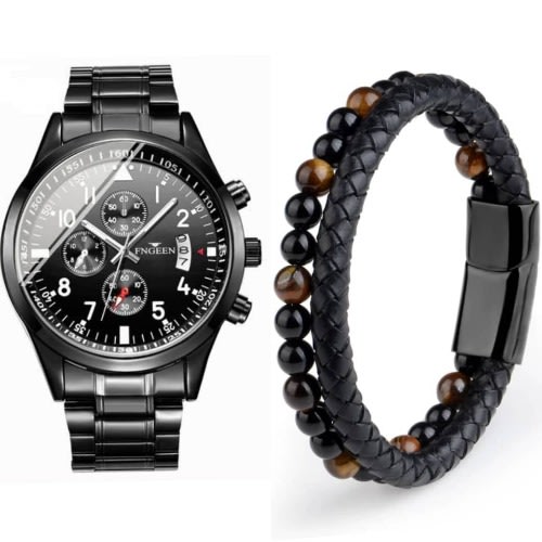 2 In 1 Studded Steel Men Women Wrist Watch With Bracelet- Black