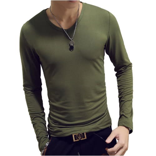 Long Sleeve Slim Fit Tees - Olive Green