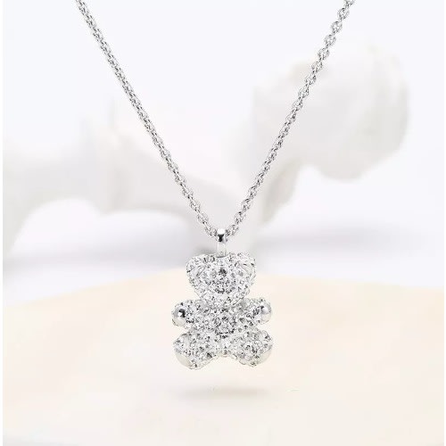 Cubic Zirconia Teddy Bear Pendant Necklace - Silver