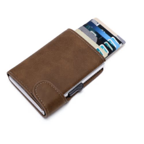Leather Pop Up Alloy Card Holder - Coffee