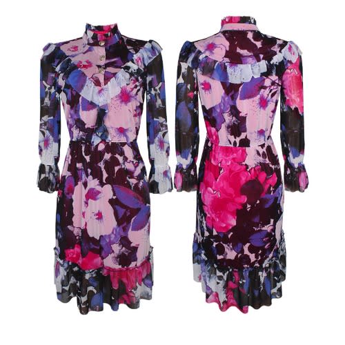 Purple Floral Print Buttoned Dress