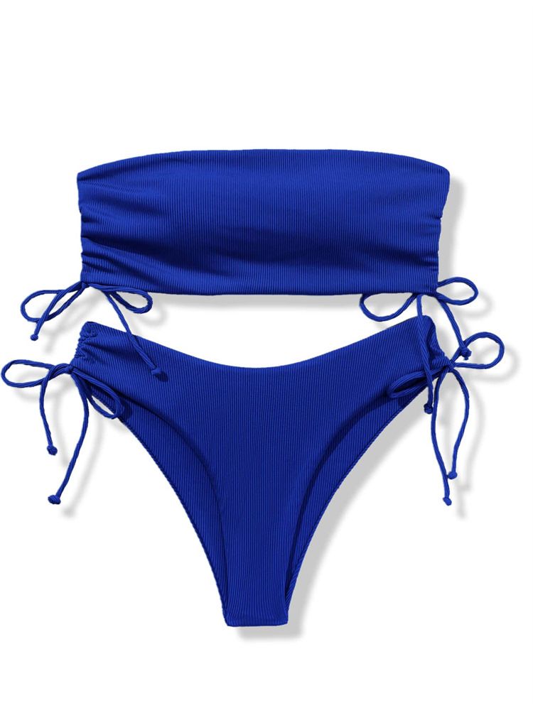 (Blue)2022 New Split Two Piece Tube Top Bikini Solid Color Y Ladies Swimwear
