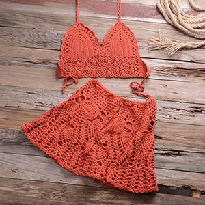 (Rusty Red)y Knitted Bikini  Bathing Suit Women High Waist Crochet Swimsuit
