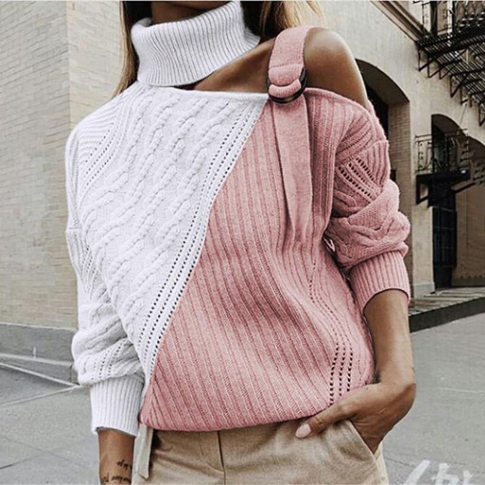 Leopard Patchwork Turtleneck Sweater Women Sexy Off Shoulder Color Block Knitted Sweaters  Batwing Long Sleeve Pullover Tops(#white Pink)