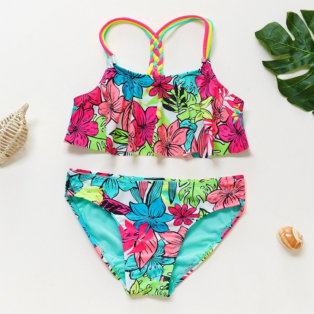 4-16Y Girls Swimwear Teenager Kids Bikini Set Tropical-white
