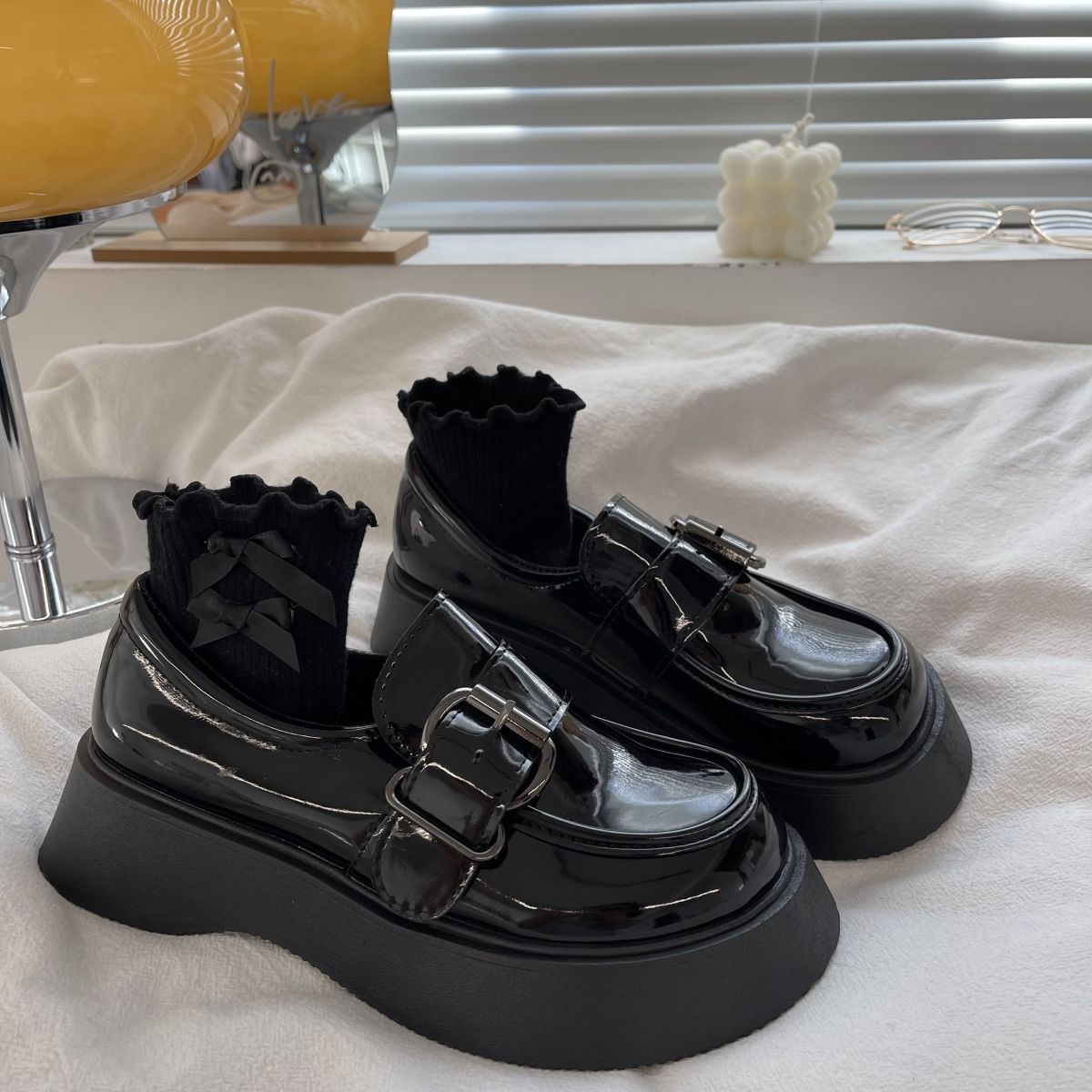 Belt Buckle Chunky Platform Loafers Shoes Women 2022 Patent Leather Round Toe Black Punk Goth Y2K Shoes Women
