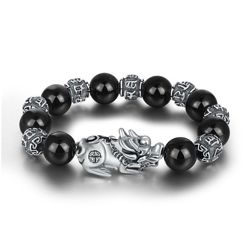 Feng Shui Black Obsidian Wealth Mens Bracelet  - Silver