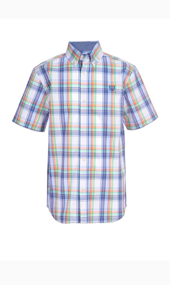 Boys Luxury Short Sleeve Denim Checkered Plaid Shirt- Peach