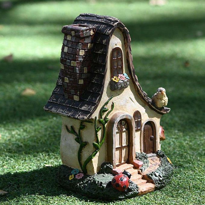 Miniature Fairy House Resin Garden Cottage With Bird On Roof
