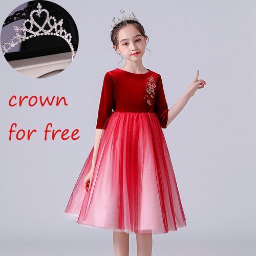 Girls Princess Dress Mesh And Velvet Embroidered Red Gown+Crown For Free
