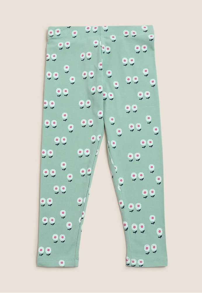 Cotton Rich Green Floral Leggings