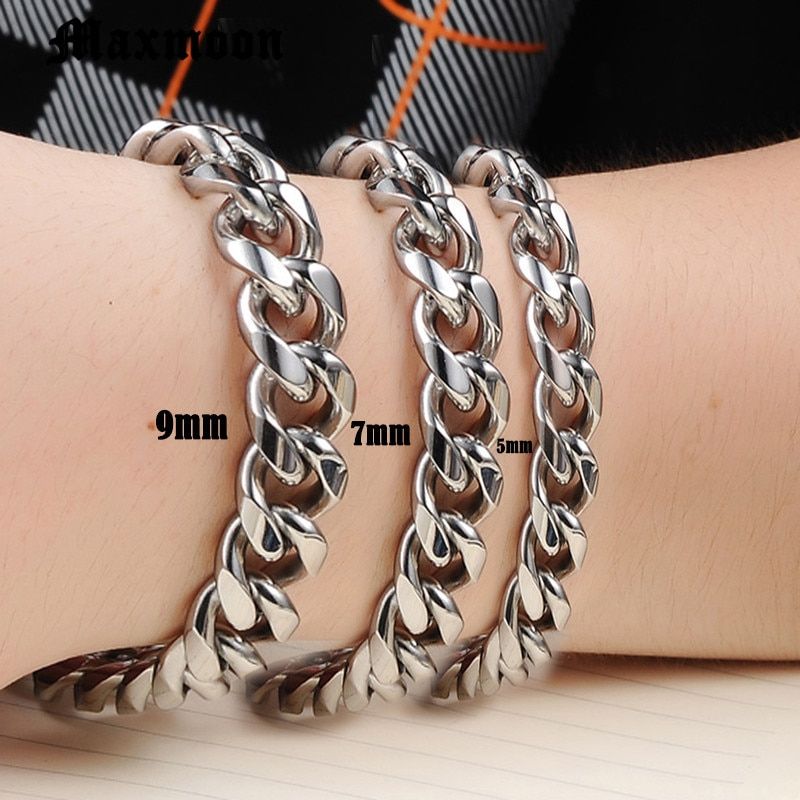 Maxmoon 3-11mm Men's Bracelets Silver Stainless Steel Curb