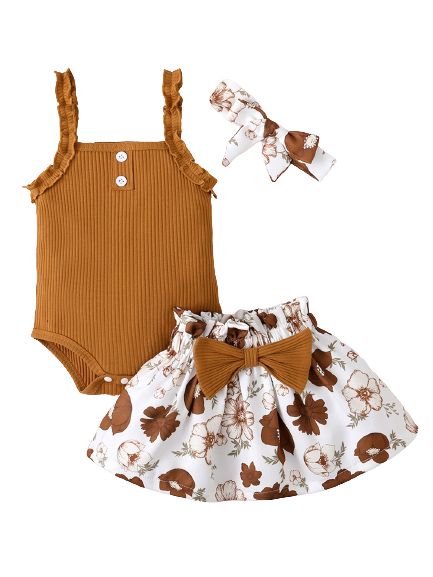 3-18 Months Baby Girl Sling Bodysuit+ Floral Skirt+Headwear