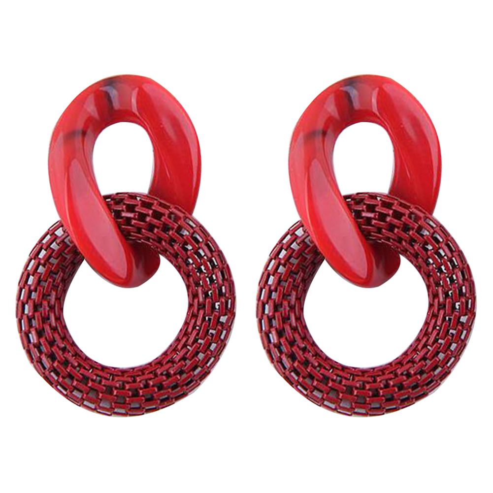 Women Fashion Acrylic Mesh Linked Circle Pendant Stud-Red
