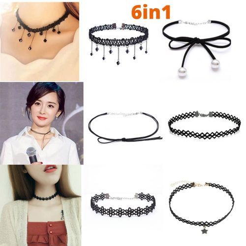 Women 6in1Star,tassel,bow Pearl Velvet Choker Necklace Black