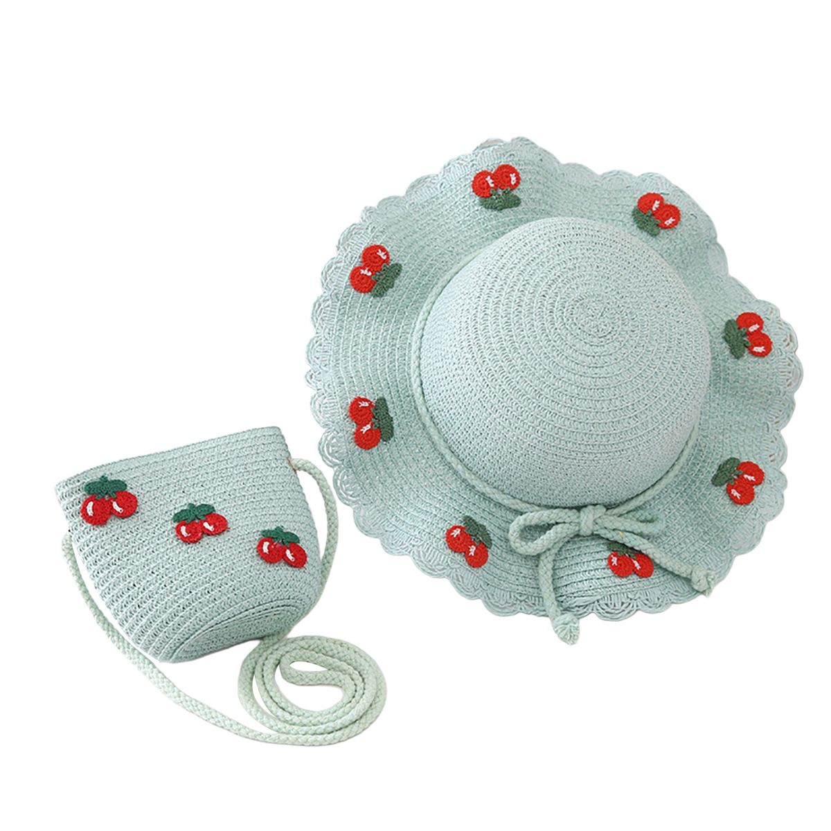 Hat Bag Set Baby Girls Breathable Straw Hat Handbag Lake Blue