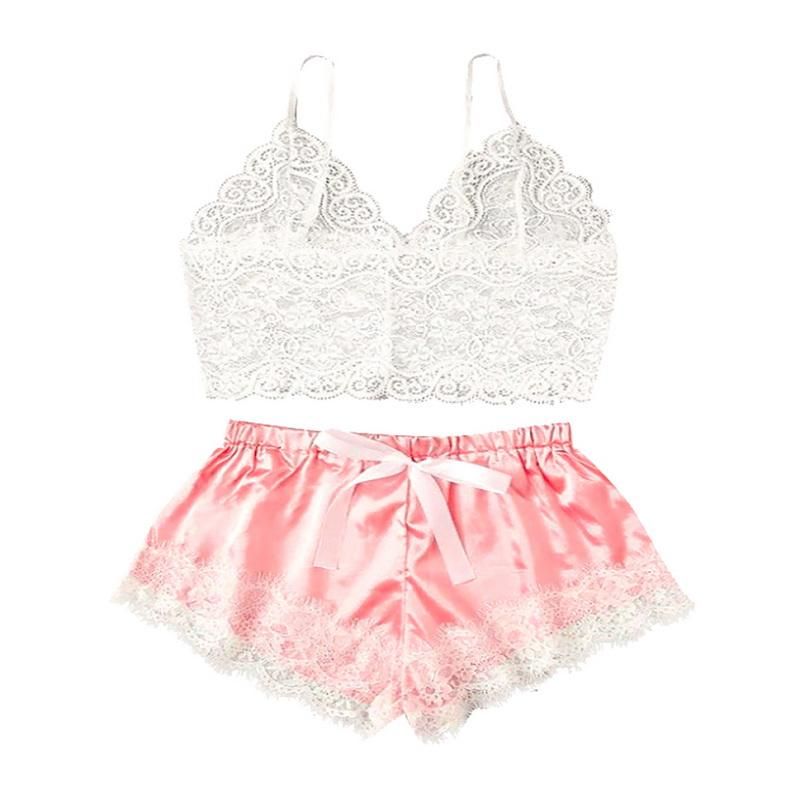 Set of lace pajamas for women Sleepwear Sexy Balette Shorts Bath Bathe Pijamas Satin 3 Pieces