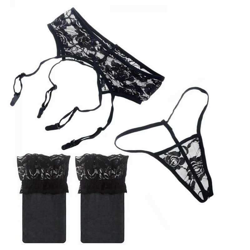 Women's Lace Garters Y See Through Stockings Belt For Thigh-Black Set-ONE SIZE FITS ALL