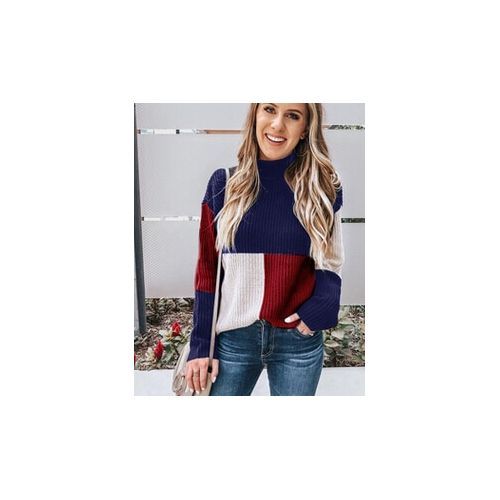 Winter Casual Fashion Women Patchwork Long Sleeves Knitted Turtle Neck Sweater Jumper Pullover Tops(#Blue)