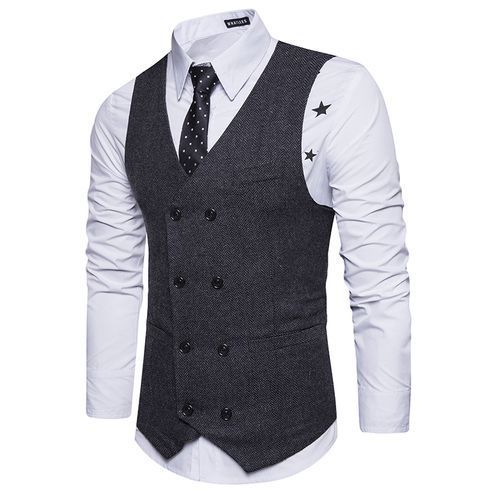 V Neck Double Breasted Belt Design Waistcoat - BLACK