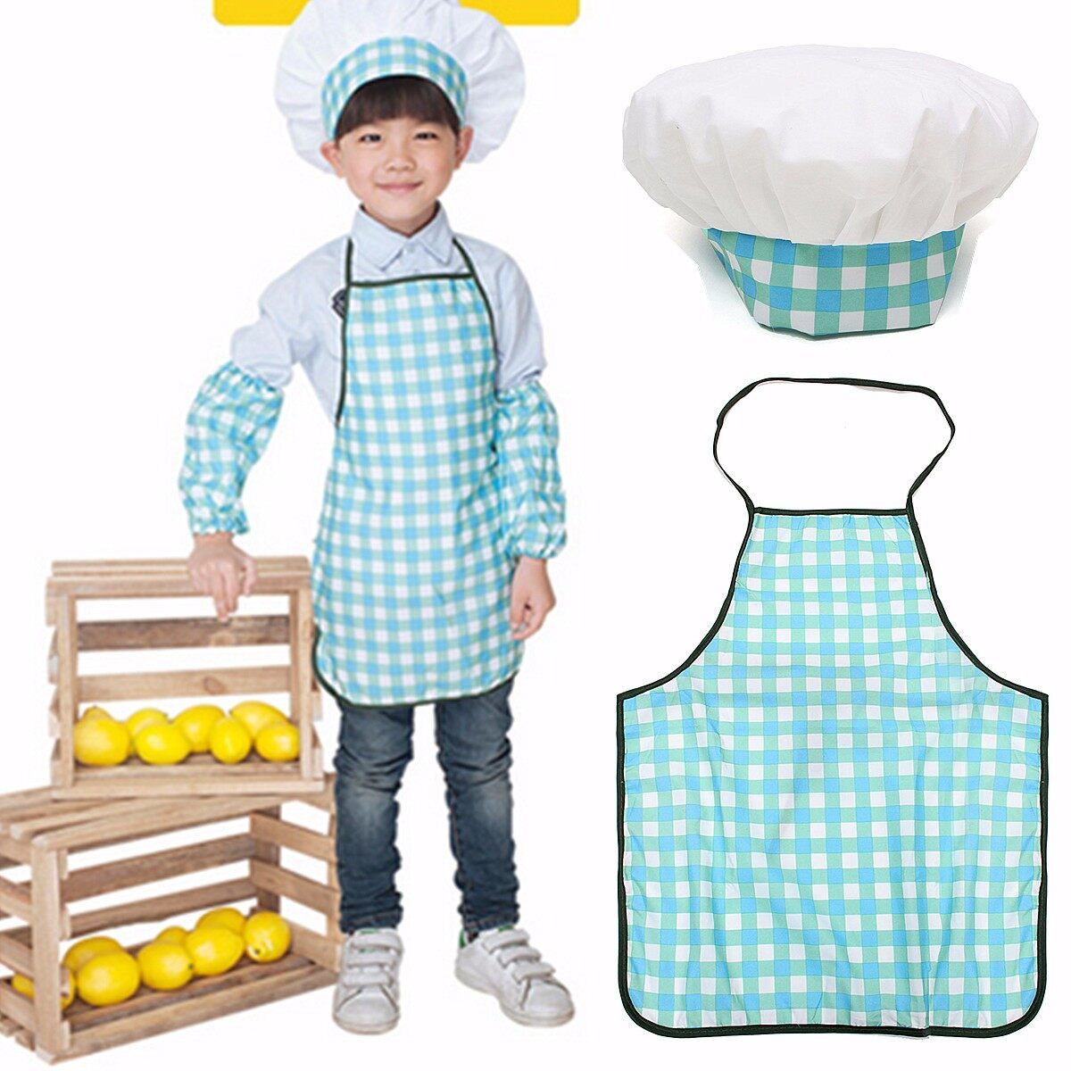 Kids Children Chef Hat Cooking Unisex Apron Baking Kitchen Craft Coat Set Blue