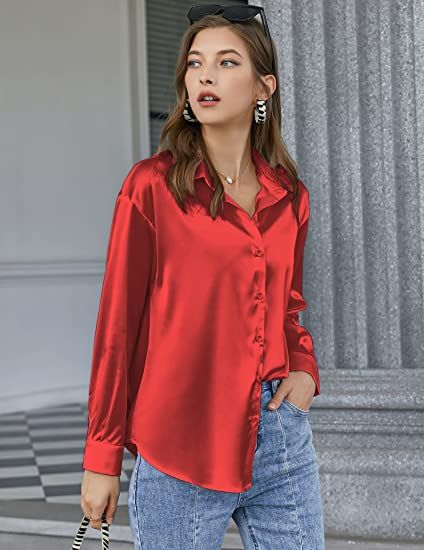 Red Button Down Satin Silk Shirt Long Sleeve Ladies Women Top Blouse