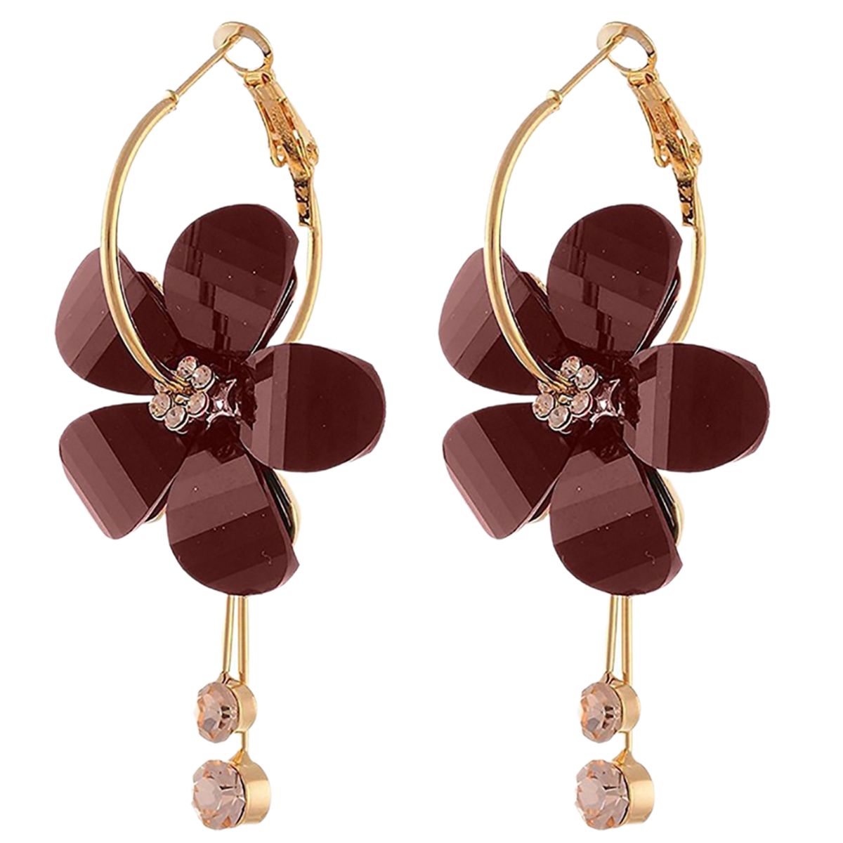 1 Pair Women Petal Flower Shape Rhinestone Inlaid Alloy Dangle Earrings For Wedding Party-Brown