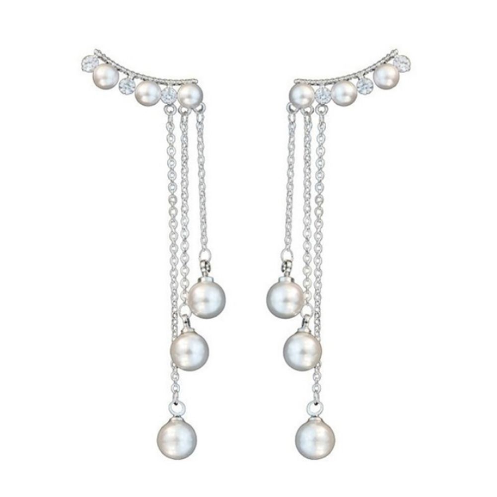 Women Faux Pearls Inlaid Chain Tassel Dangle Ear Jackets Earrings Jewelry Gift