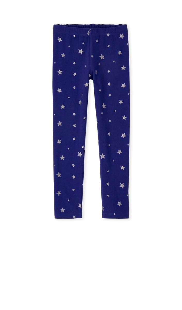 Girls Electric Glitters Star Full Length Leggings- Blue Glittering Sliver