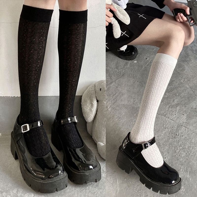 (Black)Japan Style High School Student Stockings Long Socks Solid Black White Summer Thin Woma SMA