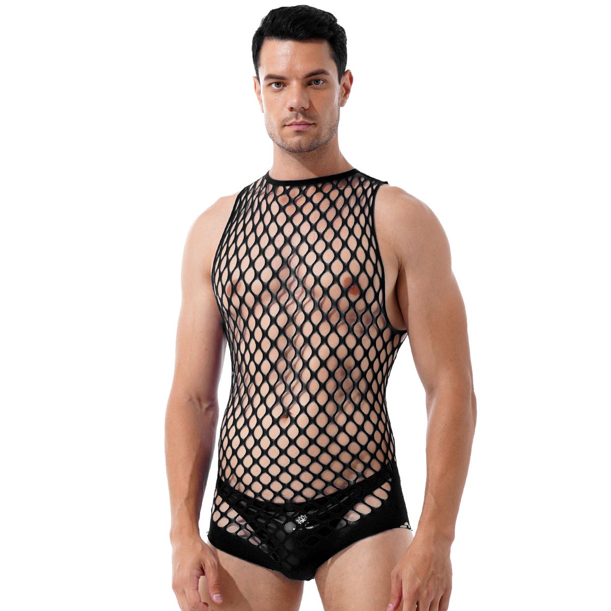 Men See-through Fishnet Leotard Netted Bodystockings Sleeveless Cutout Catsuit