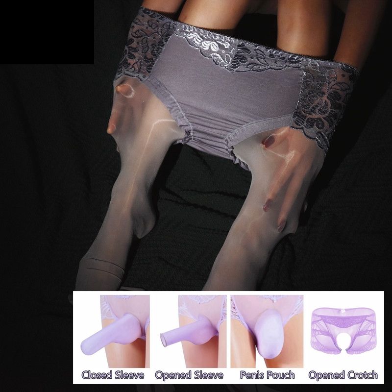 Men's Hose Sissy Oil Shiny Penis Closed Stockings Exotic Lace Underwear